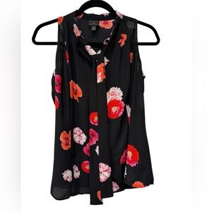 Worthington Sheer Black V-neck Front Tie Floral  Sleeveless Tank Top